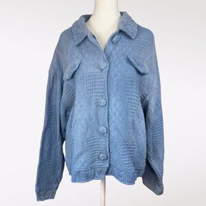 Styles To Go Blue Textured Knit Button Front Sweater Jacket Cotton Size Large